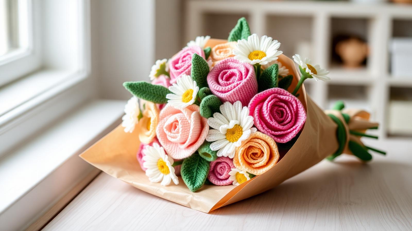 Handmade crochet flower bouquet with pink roses, peach tulips and white daisies wrapped in kraft paper