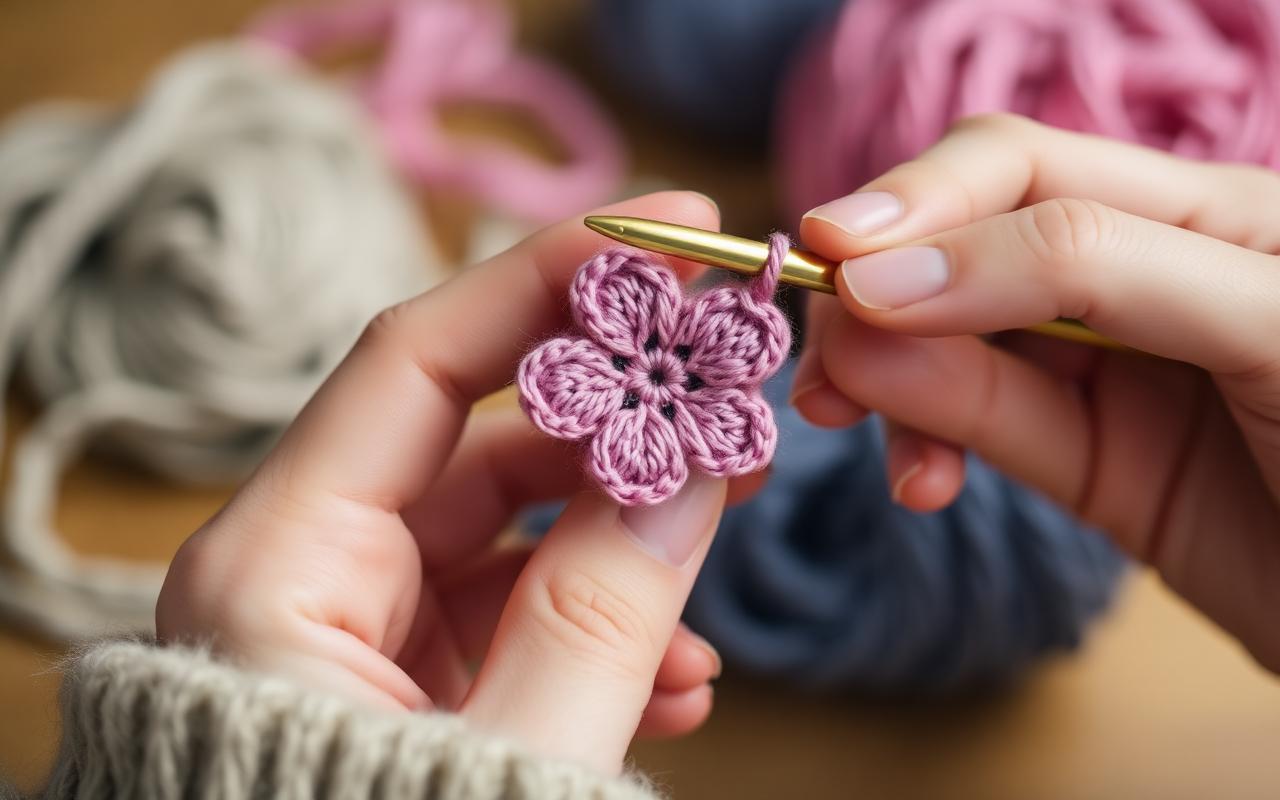 Hands crocheting a small pink flower with a gold crochet hook and pastel yarn balls in the background