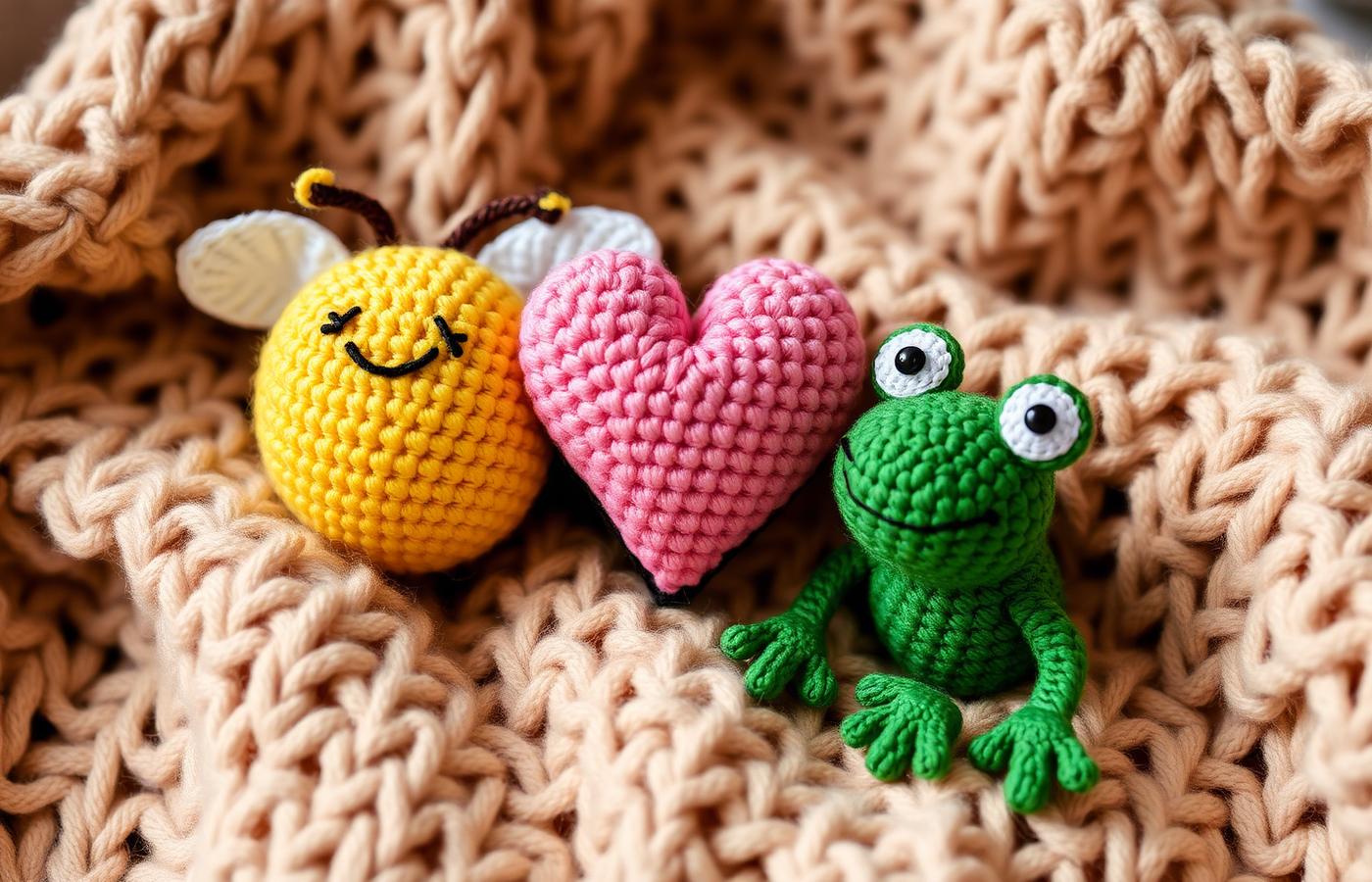 Crochet emotional support plushies — a bee, a pink heart and a green frog on a knit blanket