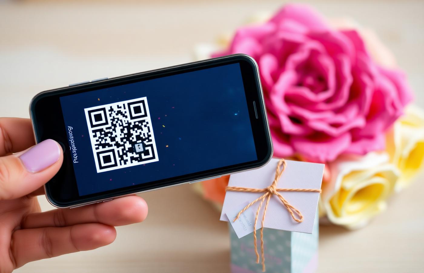 A phone scanning a QR code on a small gift card, revealing an animated birthday greeting
